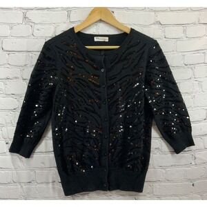 Vtg 80's Calvin Klein Wool Blend Sequin Sweater Black Cardigan Womens Sz S-M
